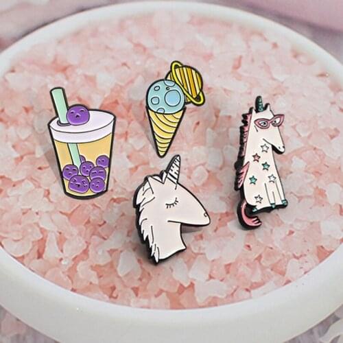 Cartoon Ice Cream Brooch Enamel Pin Planet Sweet cone Dessert Fruit juice Drinks Brooches Lapel Badge Gift for Friends Wholesale