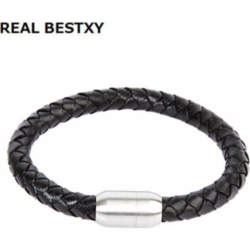 REAL BESTXY Mens Stainless Steel Black Leather Braided Bracelet with Magnet Buckle braided real leather bracelet real leather