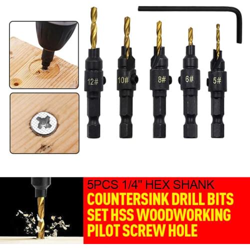 5pcs Flutes Countersink Drill Bit Set 1/4" Hex Shank HSS Pilot Screw Holes For Screw 5 6 8 10 12 Hand Tool Set