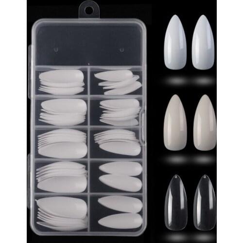 100pcs/box Long Stiletto Flase Nail Art Tips White/Clear/Natural Curved Nails Flat Shape Full Cover Acrylic Fake Nails