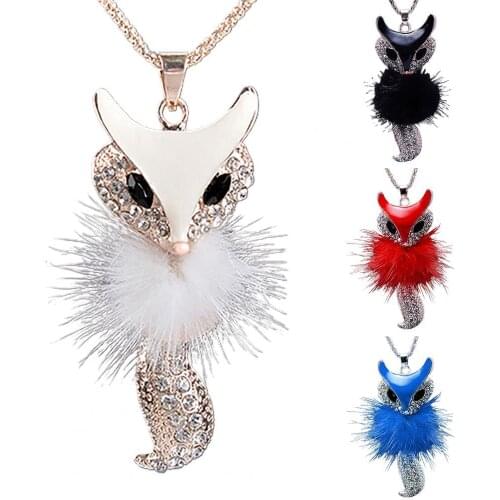 2021 New Womens Rhinestone Faux Fur Fashion Cute Fox Pendant Long Sweater Necklace Jewelry