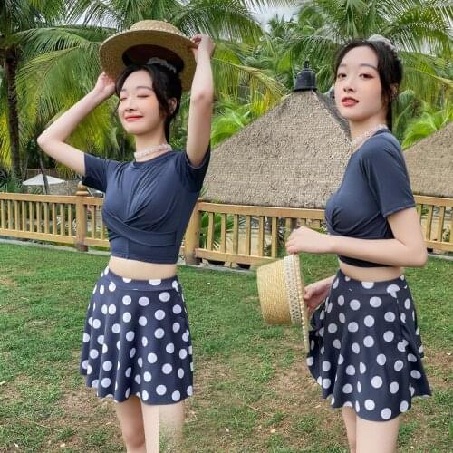 2021 New Split Swimsuit Korean Mini Fresh Dot Split Skirt High Waist Bikini Small Chest Slim Student Swimsuit Swimskirt