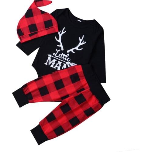 Pudcoco Deer Newborn Baby Boy Xmas Clothes Jumpsuit Long Sleeve Romper Plaid Long Pants Hat Outfit 3pcs Kids Clothing Set