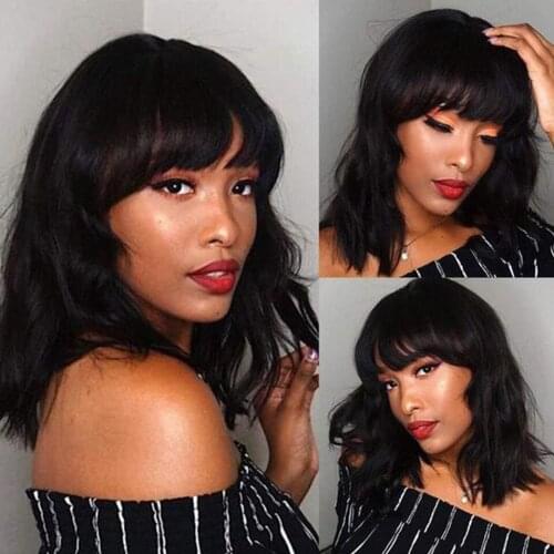 Brazilian Loose Wave Human Hair Wigs With Bangs Full Machine Made short human hair Wigs For Black Women Remy Pixie Cut Bob Wig
