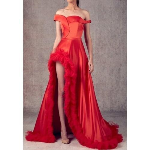 Latest Fashion Show Style Satin Red Long Dress Off Shoulder Party Dress 2019 Sexy High Split Feathers Celebrity Women Dresses
