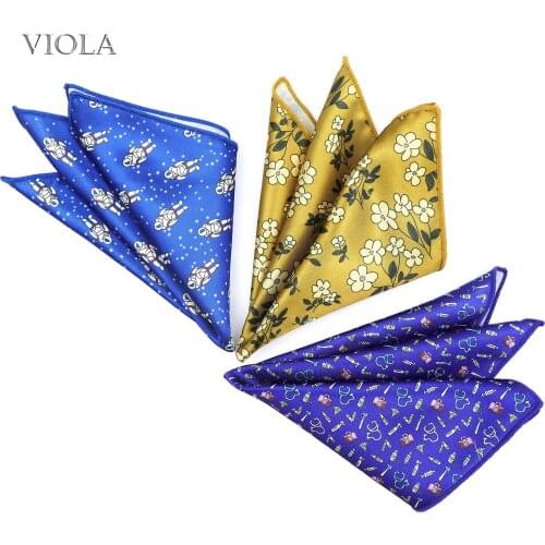 Spaceman Cartoon Design Floral Hankies 25cm Polyester Print Pocket Square Suit Tuxedo Tie Men Handkerchief Funny Gift Accessory