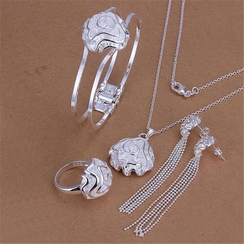 Luxury 925 sterling silver Pretty rose flower pendant necklaces cuff bangles rings Bracelets earrings stud Jewelry set for women