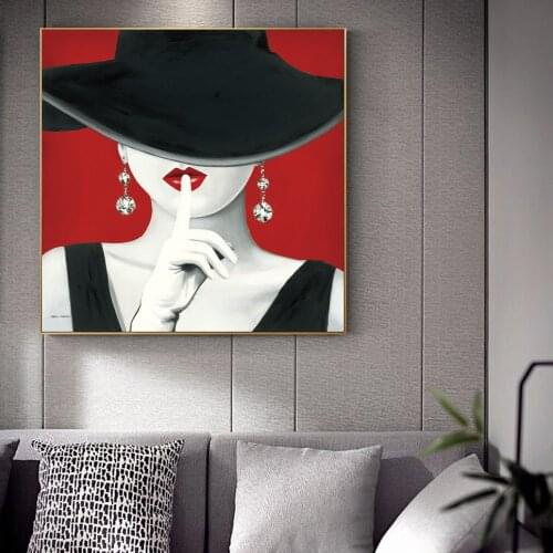 Sexy Girl With Black Hat Canvas Art Paintings On The Wall Red Lips Pop Art Canvas Prints Modern Model Canvas Pictures Wall Decor