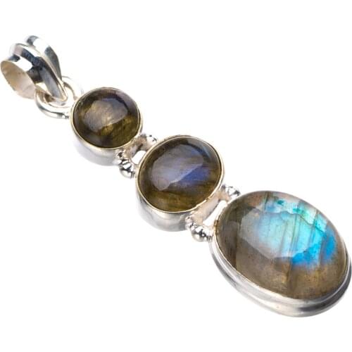 StarGems Natural Blue Fire Labradorite Handmade 925 Sterling Silver Pendant 2" D9417