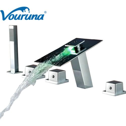 VOURUNA LED Light Waterfall 5pcs Bathtub Faucet Mixer Tap Unit With Hand Showerhead No Need Battery Water Flow Powered