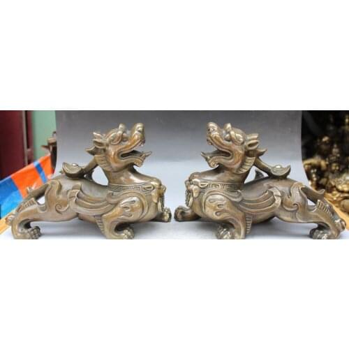 Xd 002039 12" Chinese Bronze Evil spirits Guardian Foo Fu Dog Lion kylin PiXiu Statue Pair