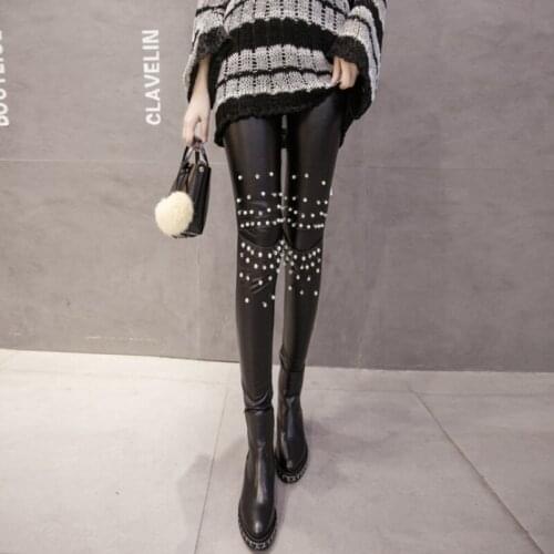 Winter New Arrival Korean Style Slim Fit Women Pu Pants Female Stretchy Trouser Black Fleece Lining Embroidered Flares Plus Size