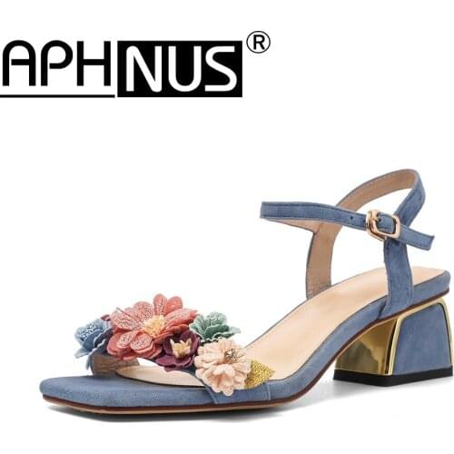 APHNUS Womens Sandals Flowers Bowtie Appliques Rhinestone Rough thick Low Mid Heels Pumps Woman 2020 Shoes For Women New