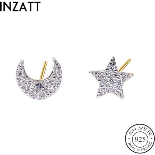 INZATT Real 925 Sterling Silver Tiny Zircon Star and Moon Asymmetry Stud Earrings For Charming Women Party Cute Fine Jewelry
