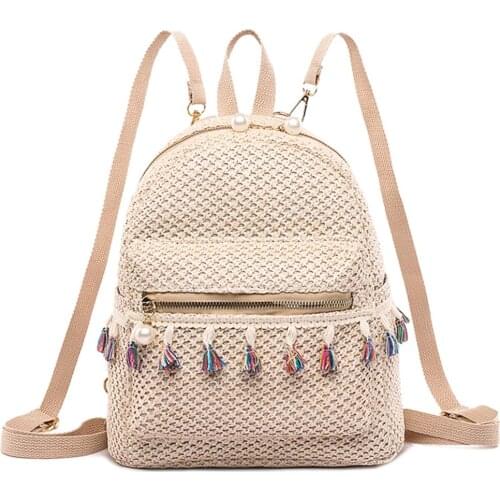Women Backpack Teen Girls 2020 Summer Beach Straw Weave Tassel Backpackk Female Casual Shoulder School Bag