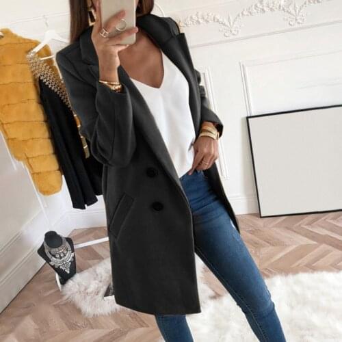 Spring Autumn Long Coat Solid Elegant Office casual Blend Fashion Womens Coats Female Outerwear Jackets pockets Double breasted