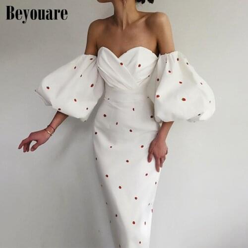 Beyouare Elegant Women Vintage Dress Lantern Sleeve Strawberry Print Slash Neck Mid Calf Dresses 2021 Summer Sexy Casual Female