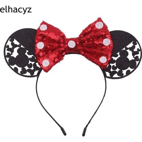 1 PC 3.3'' Big Glitter Mouse Ears Hairband For Girls Valentines Day Party DIY Dots Sequin Bow Headband Hair Accessories