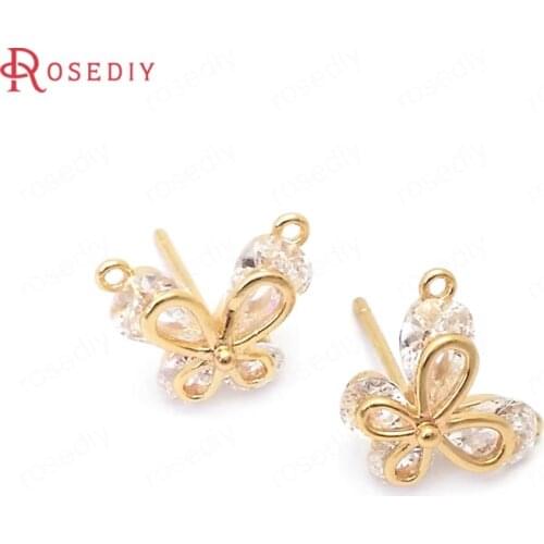 39052)4PCS 24K Gold Color Brass and Zircon Butterfly Stud Earrings Pins Earrings Jewelry Making Supplies Diy Accessories