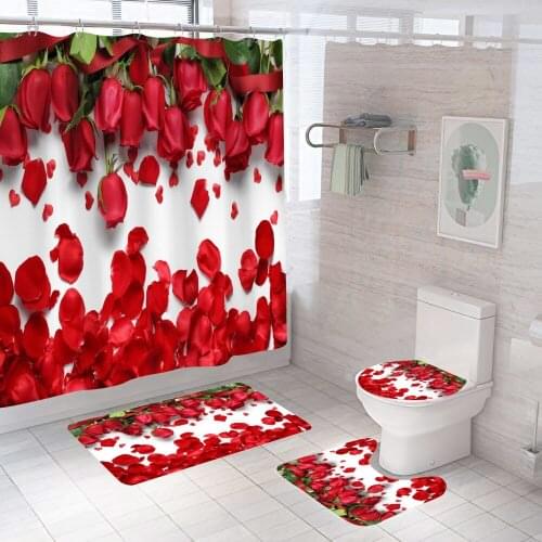 Red Rose Shower Curtain Mat 4pcs Set with Carpet Bath Screen for Home Hotel Bathtub Partition Mold Proof Durable Curtains Hooks