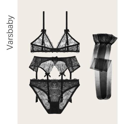 Varsbaby sexy lace wire free unlined lingerie set bra+panties+garter+stockings 4 pcs