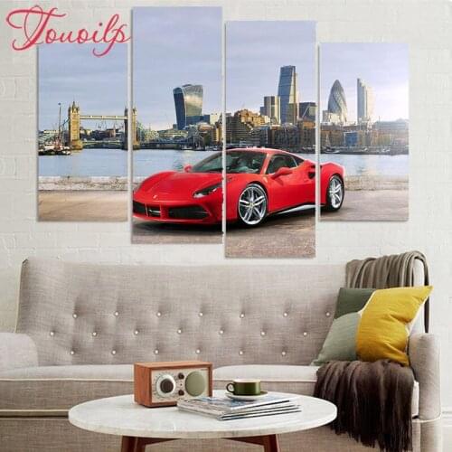 TOUOILP 4 pcs/set,Red Cool Car 5d Diamond Painting Sports car City view Cross Stitch,diy Diamond Embroidery Mosaic stickers home