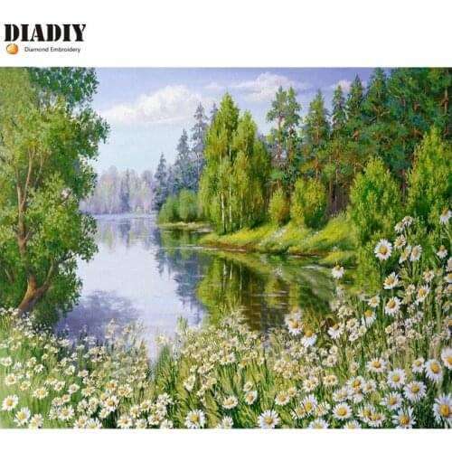 Diamond Embroidery spring scenery lake flowers pattern Diy Needlework 5D Mosaic Diamond Painting Cross Stitch Full Rhinestones