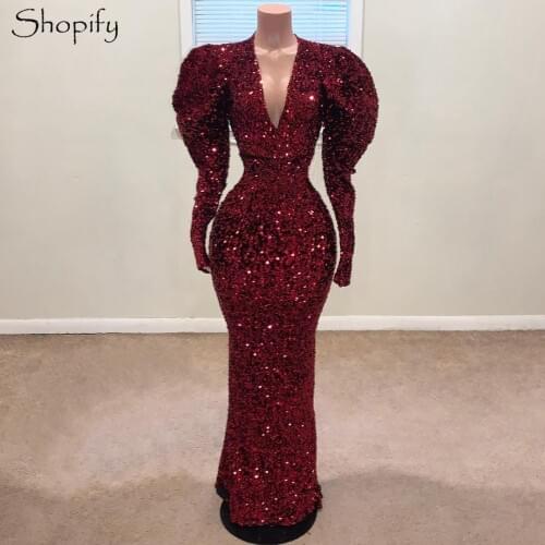 Sparkly Long Sleeve Skinny Prom Dresses 2021 V-neck Burgundy Sequin Women African Black Girls Real Prom Dress