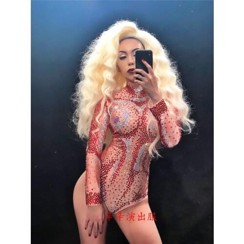 Dj Dress Sparkly AB Beads Orange Bodysuit Sexy Big Stretch Outfit Nightclub Shining Rhinestones DS Costume Female Singer Dance