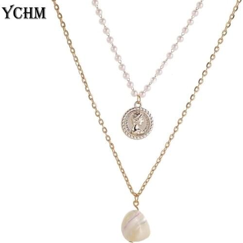 Elegant Nactural Pearl Layered Necklace for Women Gold Plated Cion Avatar Pendant Necklace Vintage Pendant Necklace Jewelry