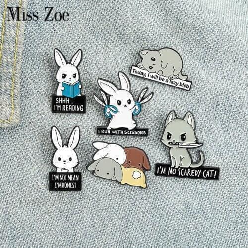 Rabbits Park Enamel Pins Custom Book Scissors Bunny Cats Brooch Lapel Badge Bag Cartoon Animal Jewelry Gift for Kids Friends