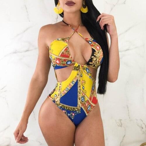 2021 Summer Beach Bikini Sexy High Waist Print All-in-One Fashion High Elastic Backless Swimsuit