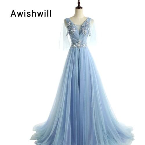 Fashionable V-neck Sleeveless Beading Appliques Tulle A-line Long Prom Dresses Pageant Party Dress Christmas Evevning Gowns