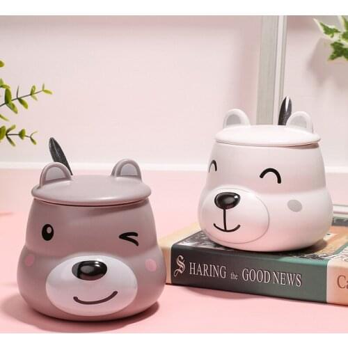 Cartoon Dog Mug Animal Shaped Big Belly Ceramic Water Bottle with Cover and Spoon Lovely Pet Breakfast Milk Coffee Cup