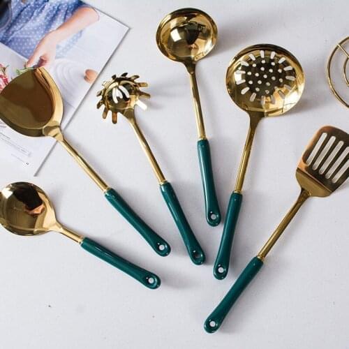Nordic light luxury kitchen tools set Emerald stainless steel cooking spoon shovel creative ceramic handle kitchen utensils