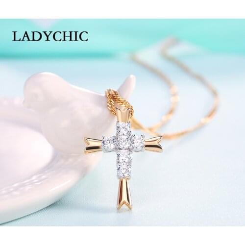 LADYCHIC 2018 New Hot Gold Color Cross Pendant Necklace Paved Austrian Crystal Fashion Clear CZ Zircon Jewelry for Women LN1052