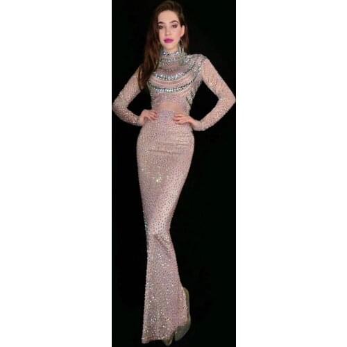 Luxury Crystal Evening Party Dress Women Stretch Bodycon Wedding Rhinestone Dress Birthday Prom Long Dress Dancer Stage Wear