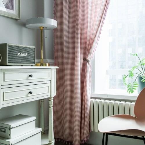 Pink Plaid Cotton Material Living Room Curtain with Tassel Finished Curtain