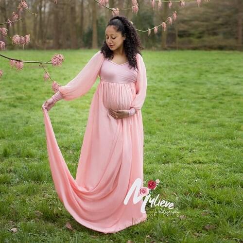 D&J Long Sleeve Maternity Chiffon Dresses Pale Pink V-Neck Long Maternity Dress For Photo Shooting Pregnancy Chiffon Maxi Dress