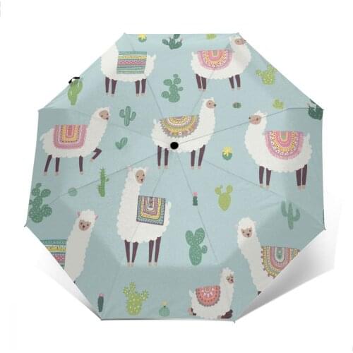 Wind Resistant Fully-Automatic Umbrella Alpaca Pattern Blue Rain 3 Folding Parasol Travel Car Umbrella