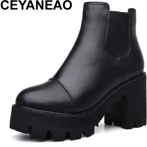 CEYANEAO Autumn Winter Women Ankle Boots Genuine Leather Thick High Heel Boots Women Warm Platform Boots Black Ladies Shoes