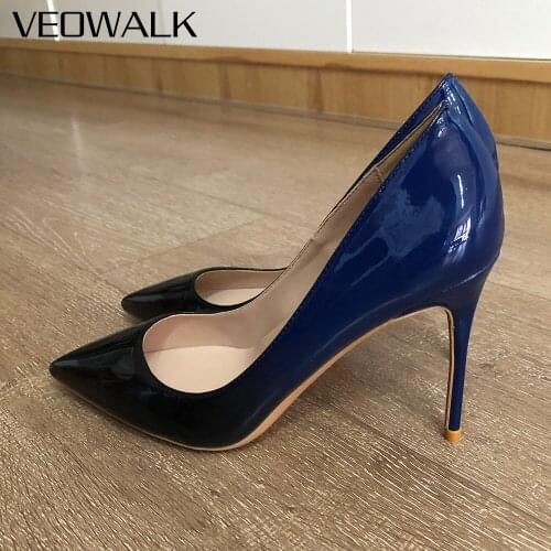 Veowalk Ruby Blue Women Patent Pointed Toe Stiletto Pumps 8cm 10cm 12cm High Heel Elegant Ladies Wedding Party Shoes Size 44 45