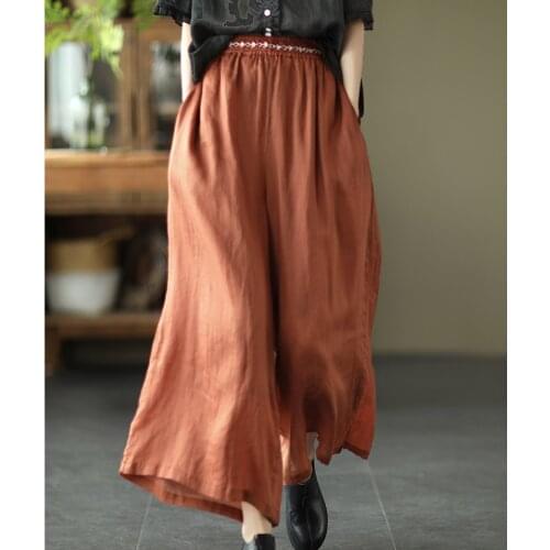 21Summer Wide-Leg Pants Women Vintage Solid Color Embroidery Loose Elegant Elastic Waist Female Ankle-Length Trousers Ramie