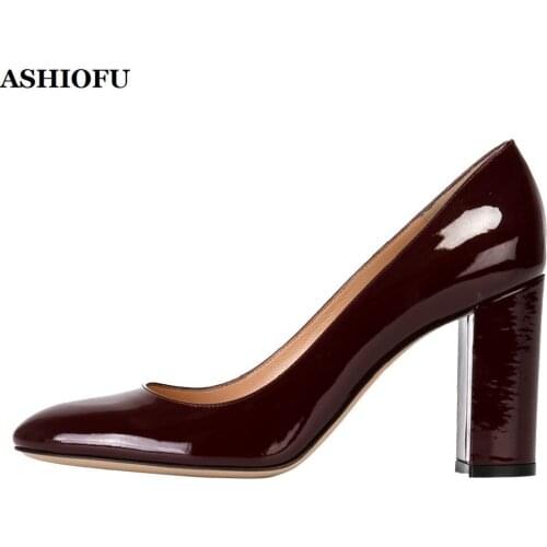 ASHIOFU Handmade New Hot Sale Ladies Chunky Heel Pumps Shinny Patent Leather Party Prom Shoes Slip-on Evening Fashion Pump Shoes