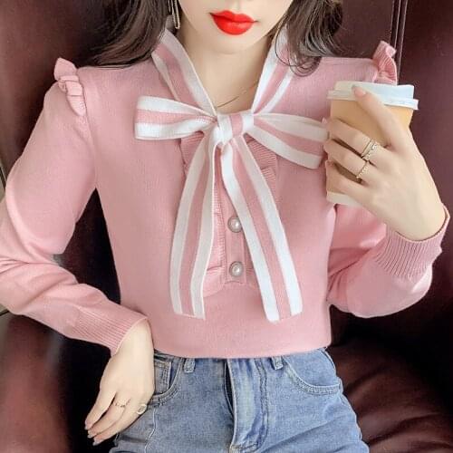 2021 Fall Winter Chic Bow Collar Sweater Women Patchwork Long Sleeve Knit Bottoming Tops Female Kawaii Pullover