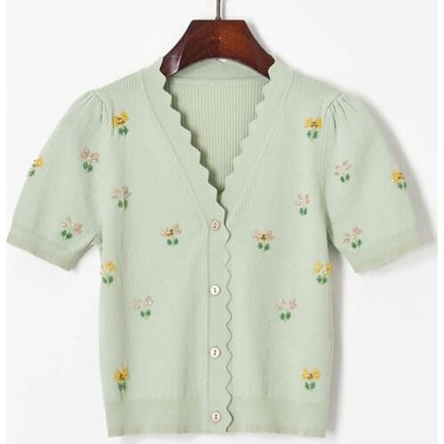 Thin Knitted Cardigan for Women 2021 Summer Crop Sweater Shirt Beaded Flowers V Neck Short Sleeve Slime Cardigan Crop Top Shirts