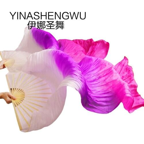 1 Pair Dance Fans Bamboo Ribs Natural Silk Stage Performance Props Dye Fans Women Belly Dance Silk Fan white+purple+fuchsia