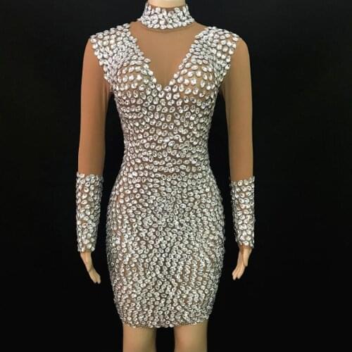 Shining Silver Big Stones Mesh MINI Dress Evening Female Singer See Through Sexy Costume Birthday Show Turtleneck Dress