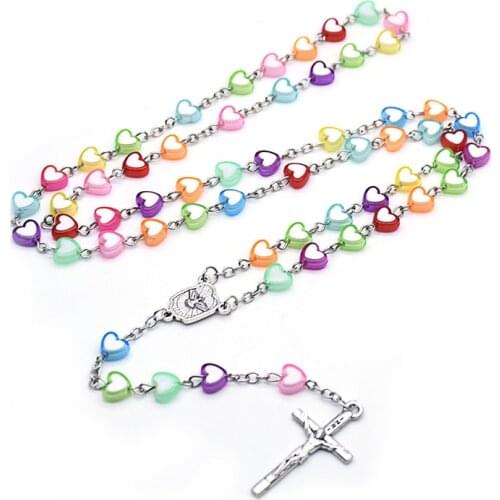 Children Colorful Love Heart Beads Chain Rosary Necklaces Jesus Cross Pendants Necklace for Kids Church Prayer Jewelry Gifts