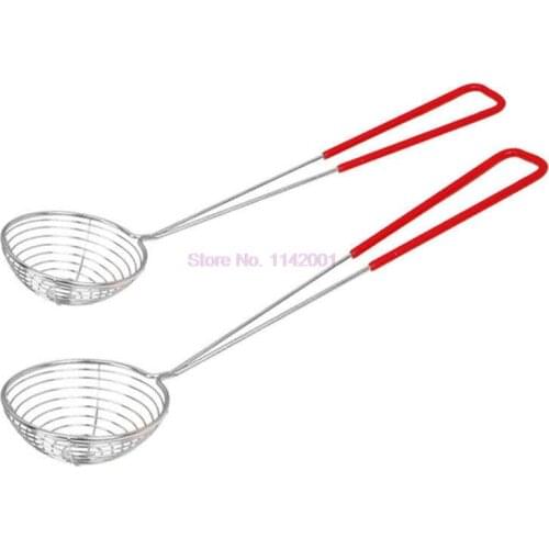 100pcs Red Handle Stainless Steel Pearl Milk Tea Colander Hot Pot Colander Filter Oil Spoon Mesh Colander Kitchen Versatile
